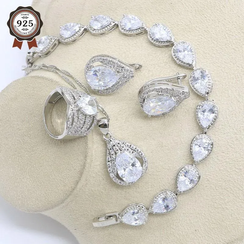 Delightful 925 Silver AAAA  Quality White Topaz Stud Earrings Necklace Ring Pendant Bracelets Bridal Jewelry Set