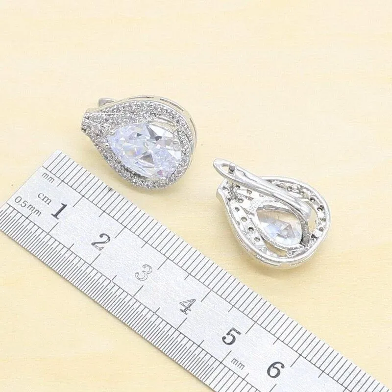 Delightful 925 Silver AAAA  Quality White Topaz Stud Earrings Necklace Ring Pendant Bracelets Bridal Jewelry Set