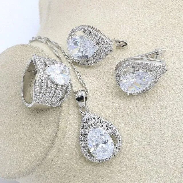 Delightful 925 Silver AAAA  Quality White Topaz Stud Earrings Necklace Ring Pendant Bracelets Bridal Jewelry Set