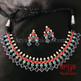 Designer Multicolor Stone Tribal Oxidized Silver Necklace