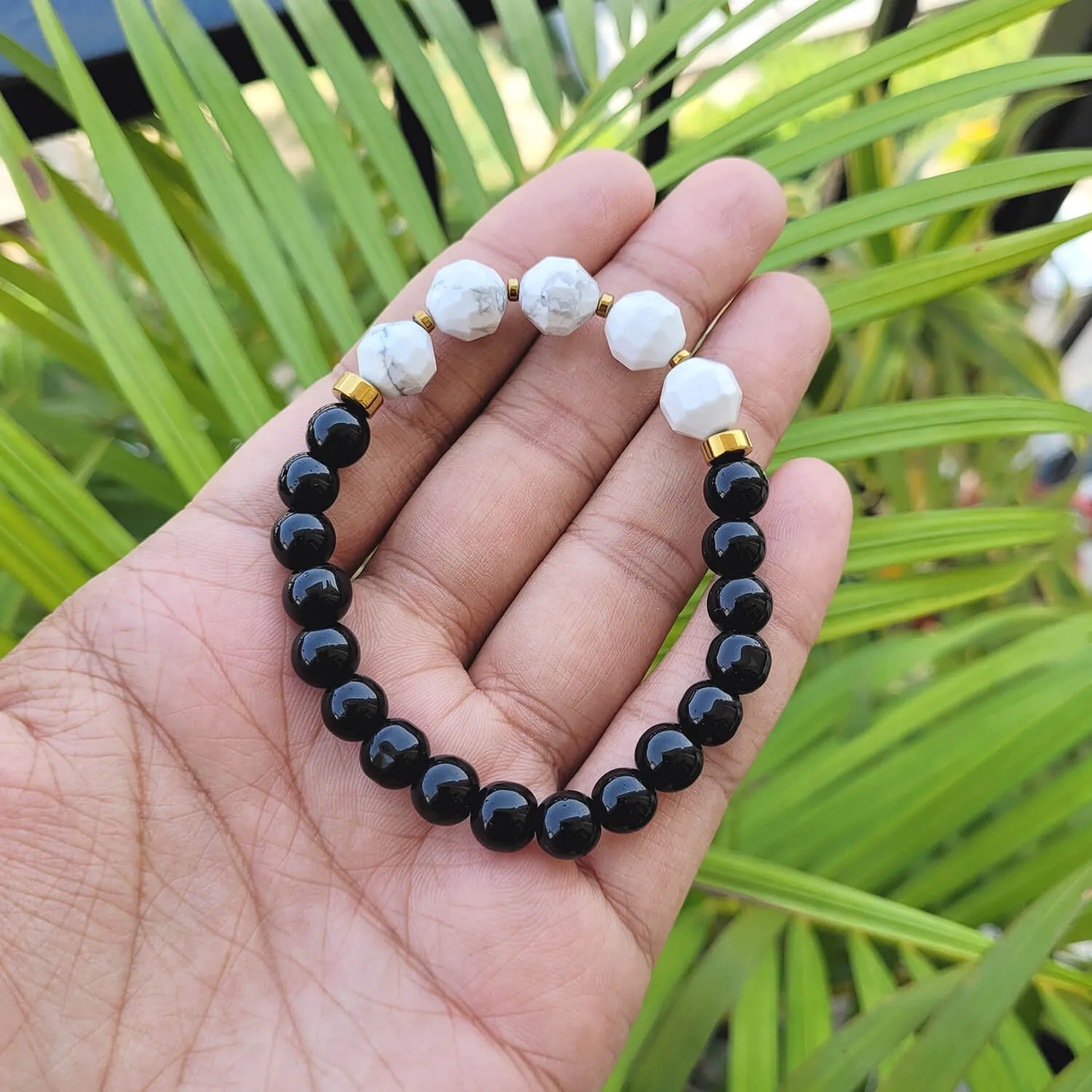 Diamond Cut Howlite With Black Obsidian And Golden Hematite Bracelet