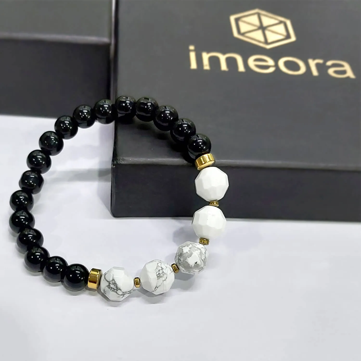 Diamond Cut Howlite With Black Obsidian And Golden Hematite Bracelet