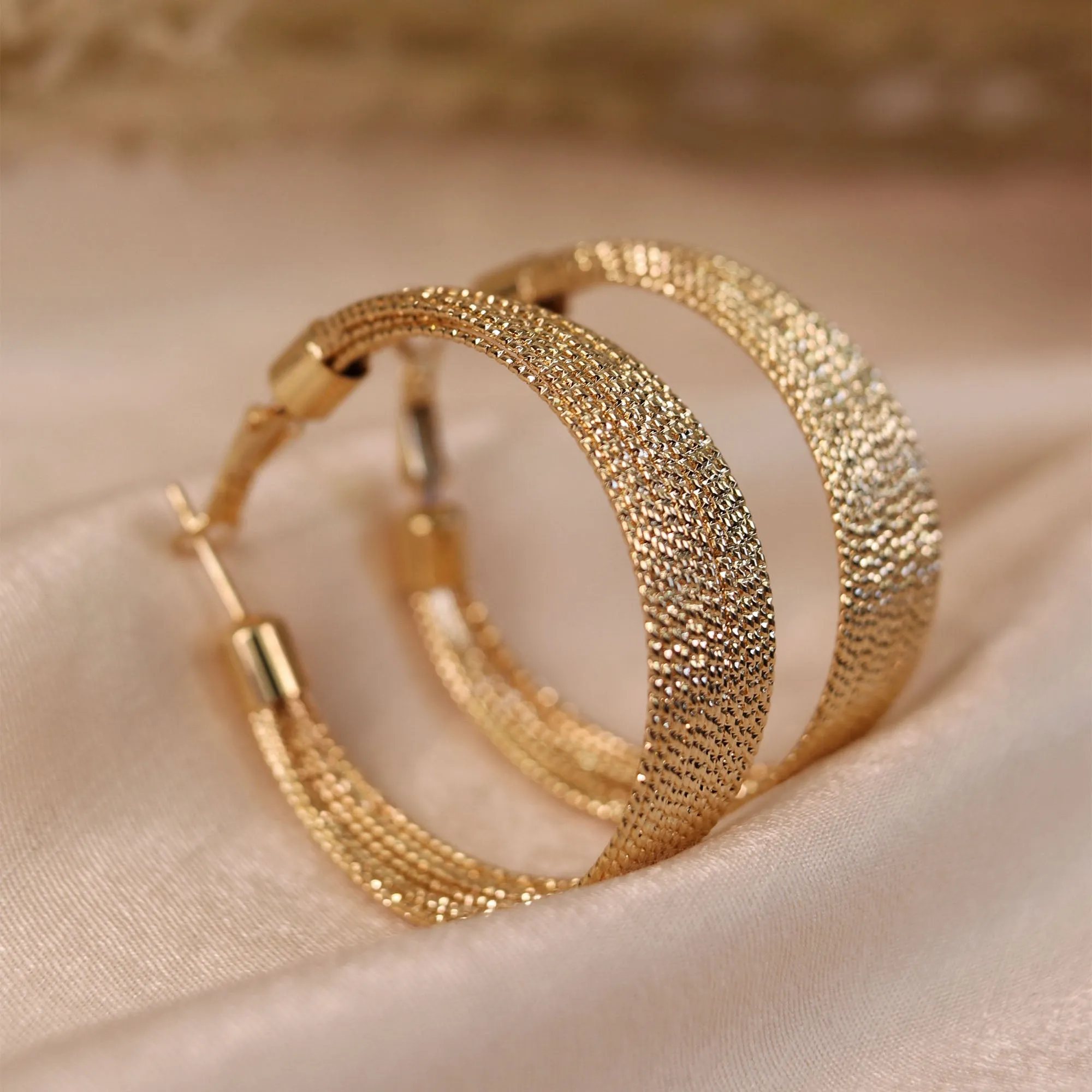 Diamond-Cut Rope Large Hoop Earrings Gold Plated Brass 1.50- 2.25 Inch Diameter