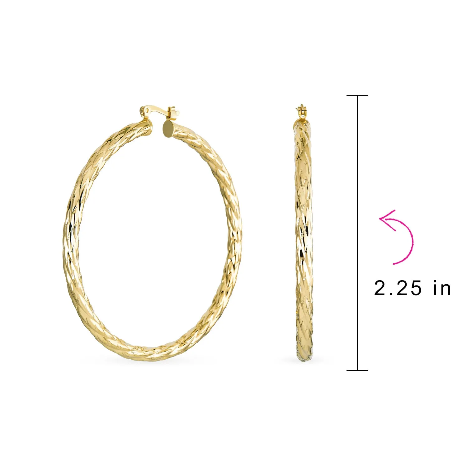 Diamond-Cut Rope Large Hoop Earrings Gold Plated Brass 1.50- 2.25 Inch Diameter