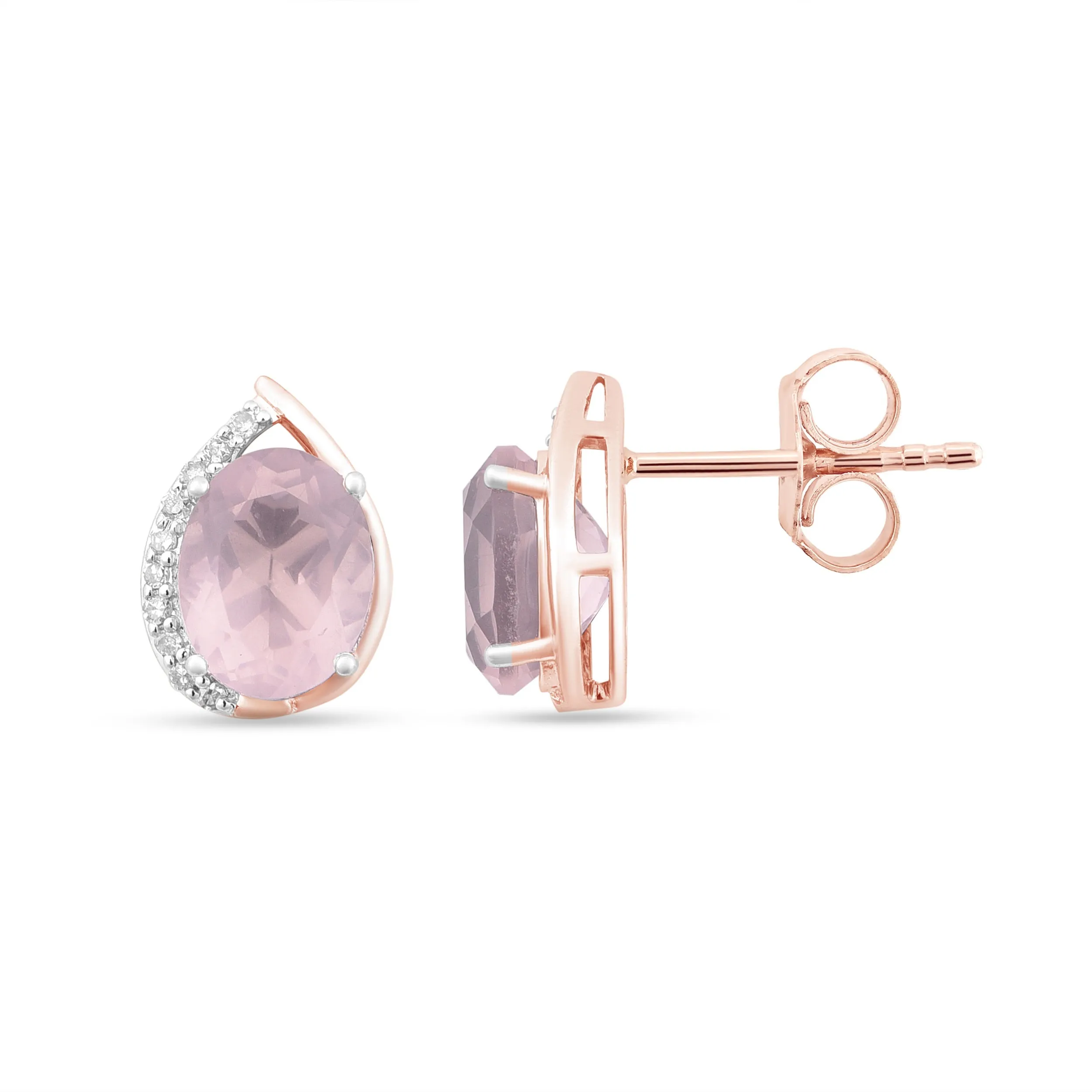 Diamond Set Flame Shape Rose Quartz Stud Earrings in 9ct Rose Gold