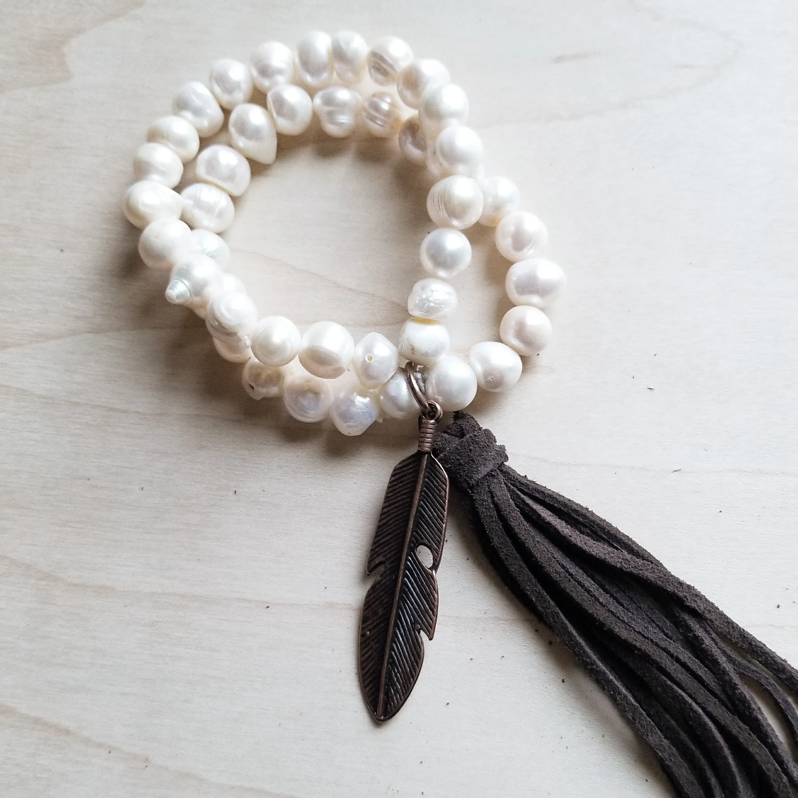 Double Strand GENUINE PEARL Bracelet With COPPER FEATHER 052d