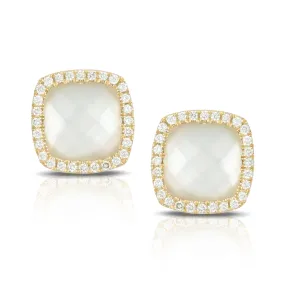 Doves 18K Yellow Gold Diamond Stud Earrings with Clear Quartz over Mother of Pearl Doublet