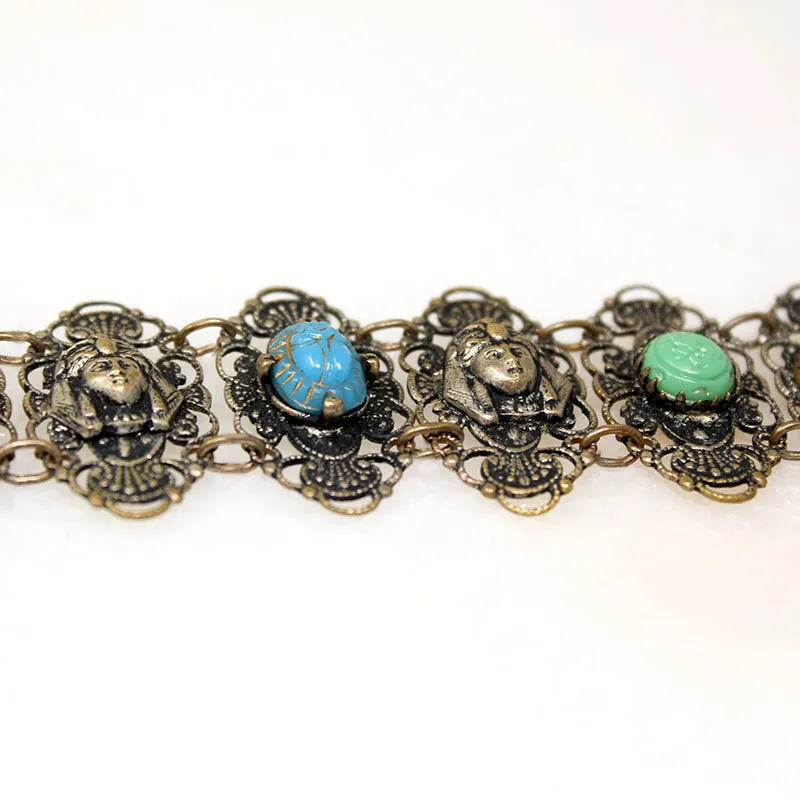 Dramatic Egyptian Revival Brass & Glass Bracelet