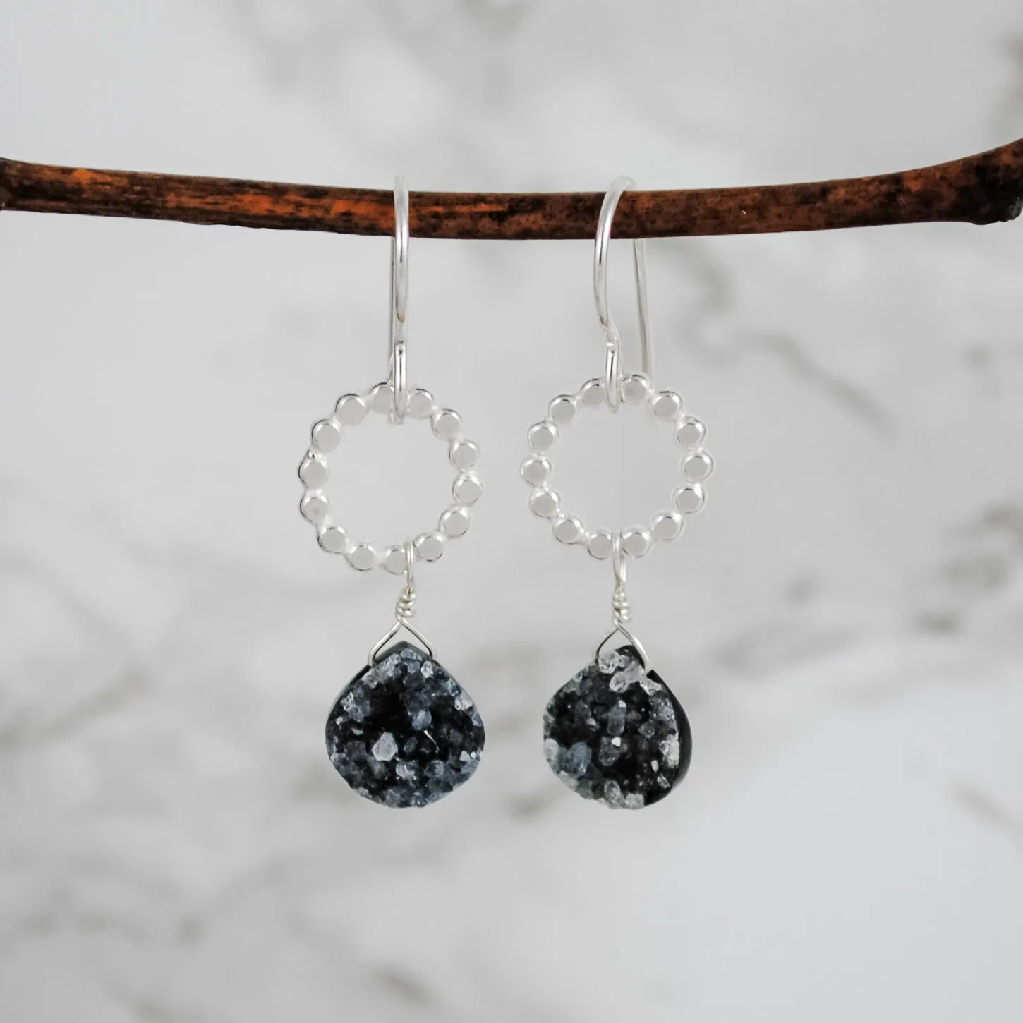 Druzy and Beaded Circle Earrings - sterling