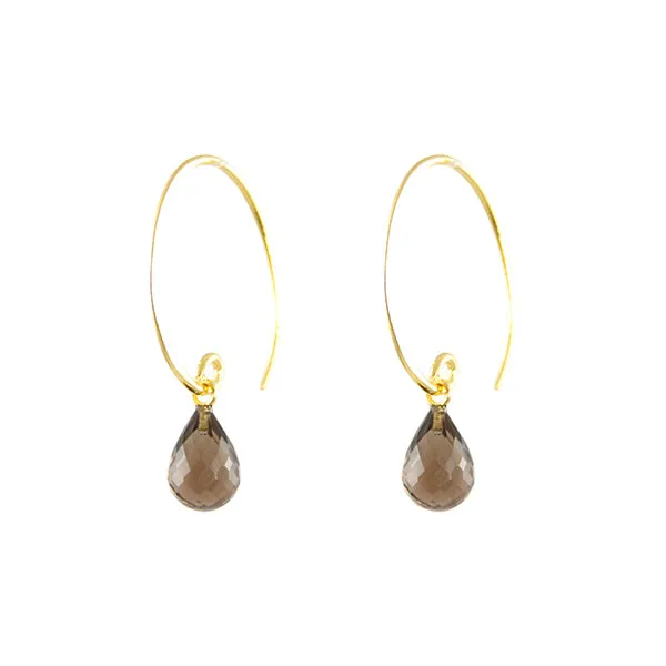 Earrings - Hoop Dangle Smokey Quartz Gold Plated Sterling Silver