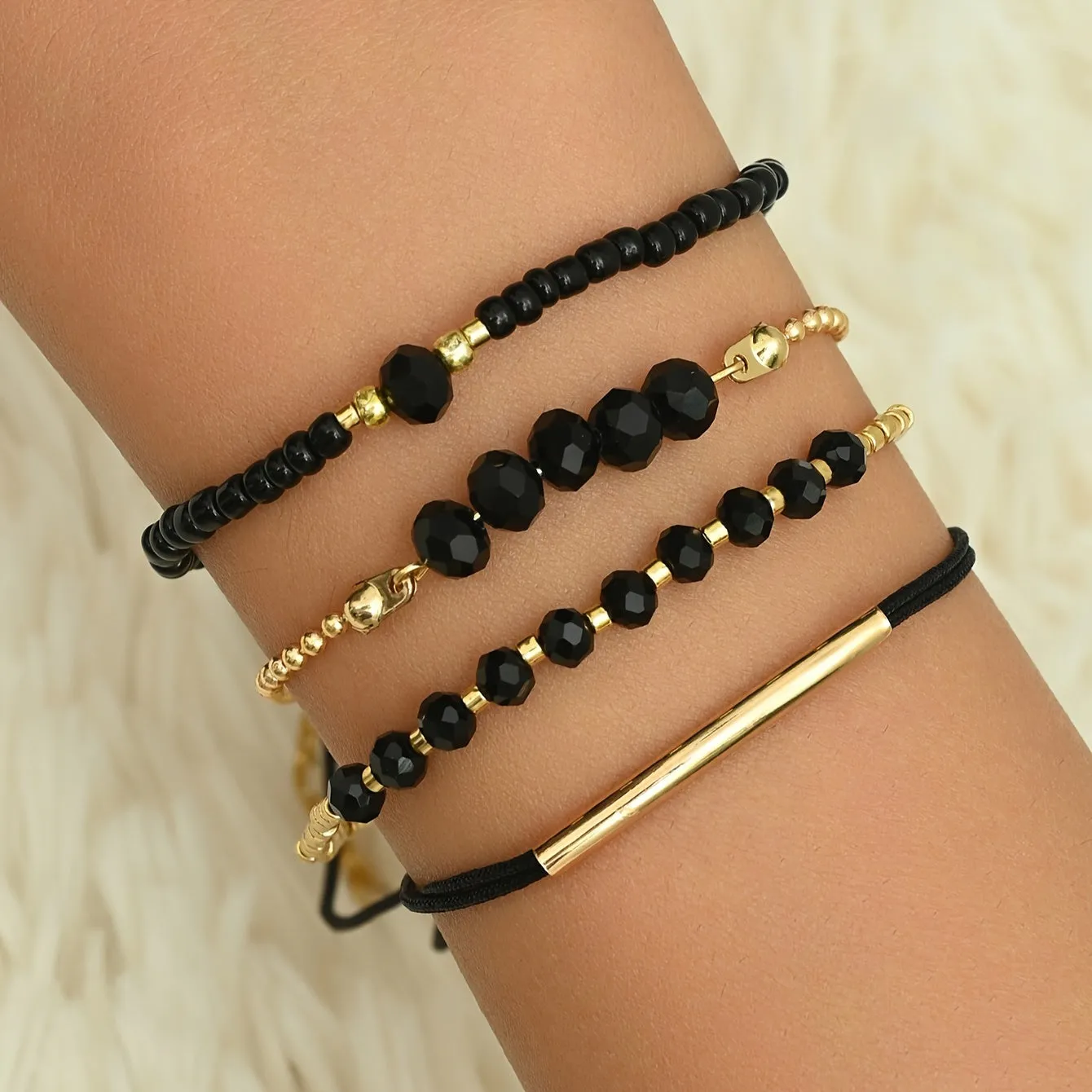 Elegant Black Crystal Bead Bracelet Set for Women, 4-Piece Multi-Layer Luxury Fashion Jewelry, Perfect for Party and Daily Wear