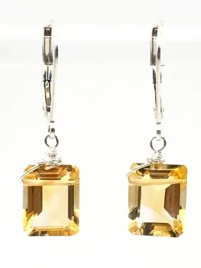 Emerald cut Citrine earrings silver