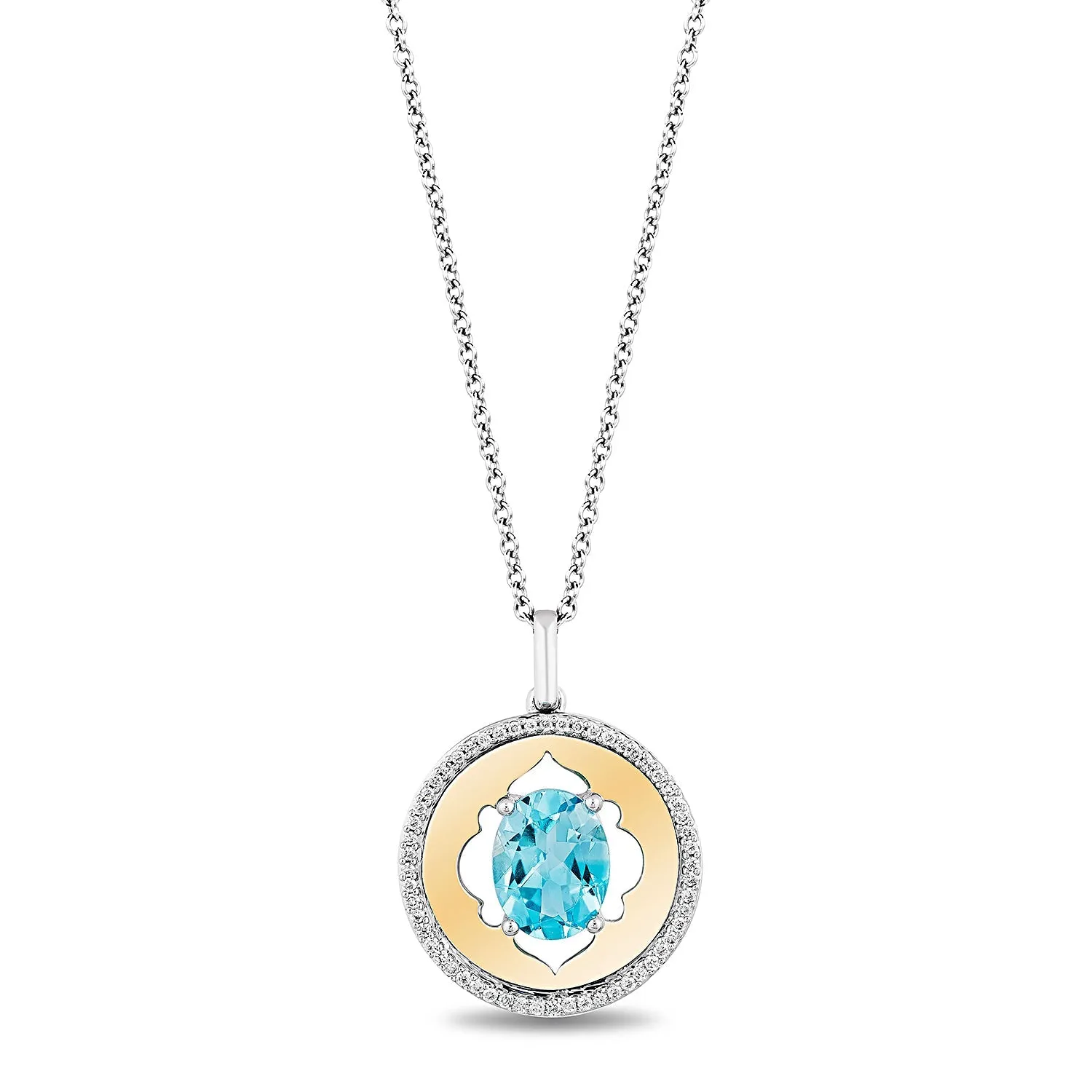 Enchanted Disney Fine Jewelry 14K White Gold and Yellow Gold with 1/6 CTTW Diamond and Swiss Blue Topaz Jasmine Arabesque Pendant Necklace