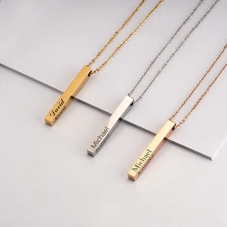 Engraved 3D Bar Necklace Silver