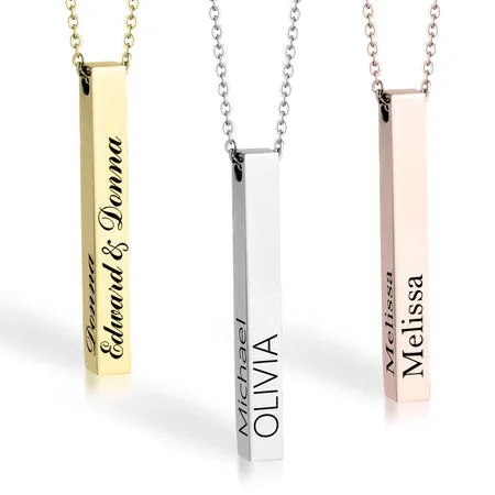 Engraved 3D Bar Necklace Silver