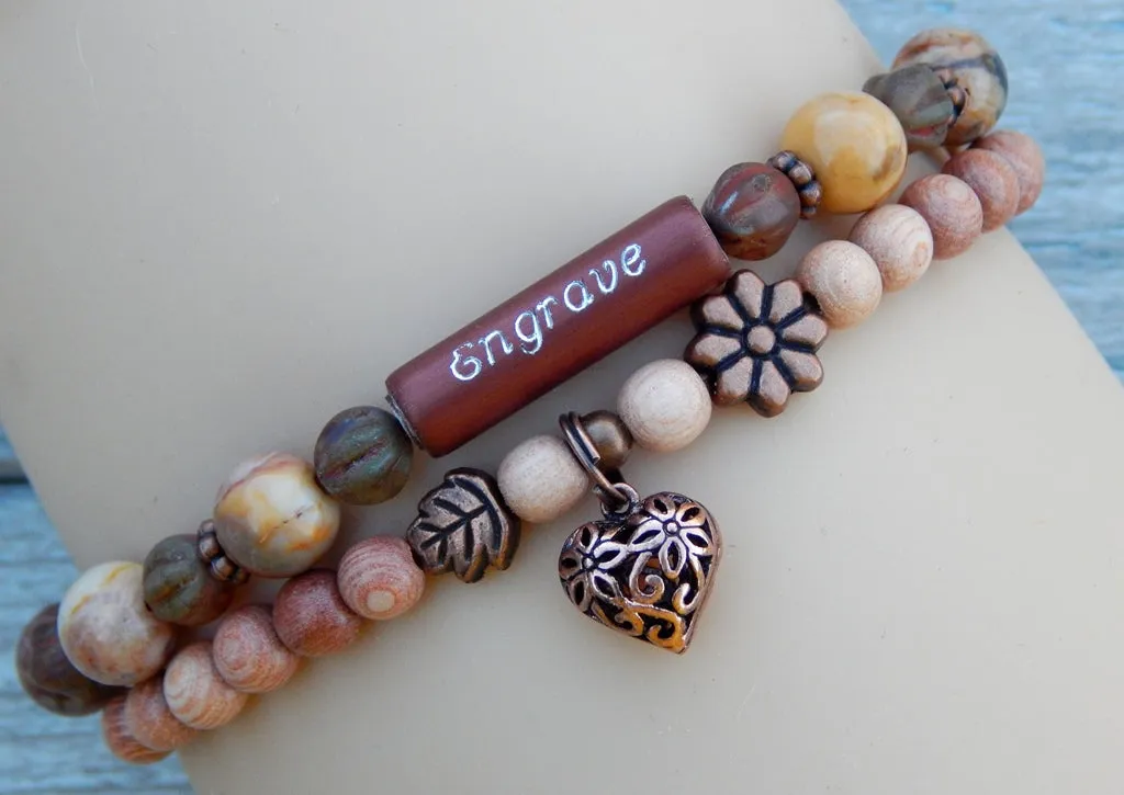 Engraved Bracelet - Nature Jewelry with Rosewood and Beads