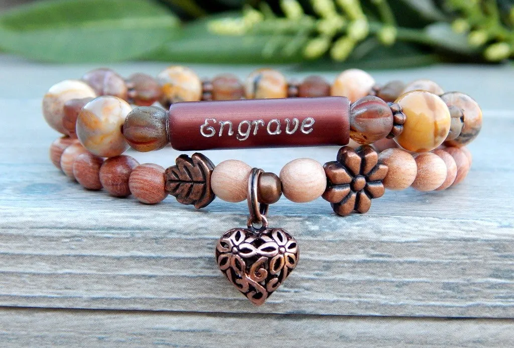 Engraved Bracelet - Nature Jewelry with Rosewood and Beads