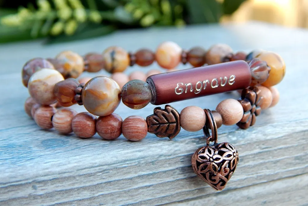 Engraved Bracelet - Nature Jewelry with Rosewood and Beads