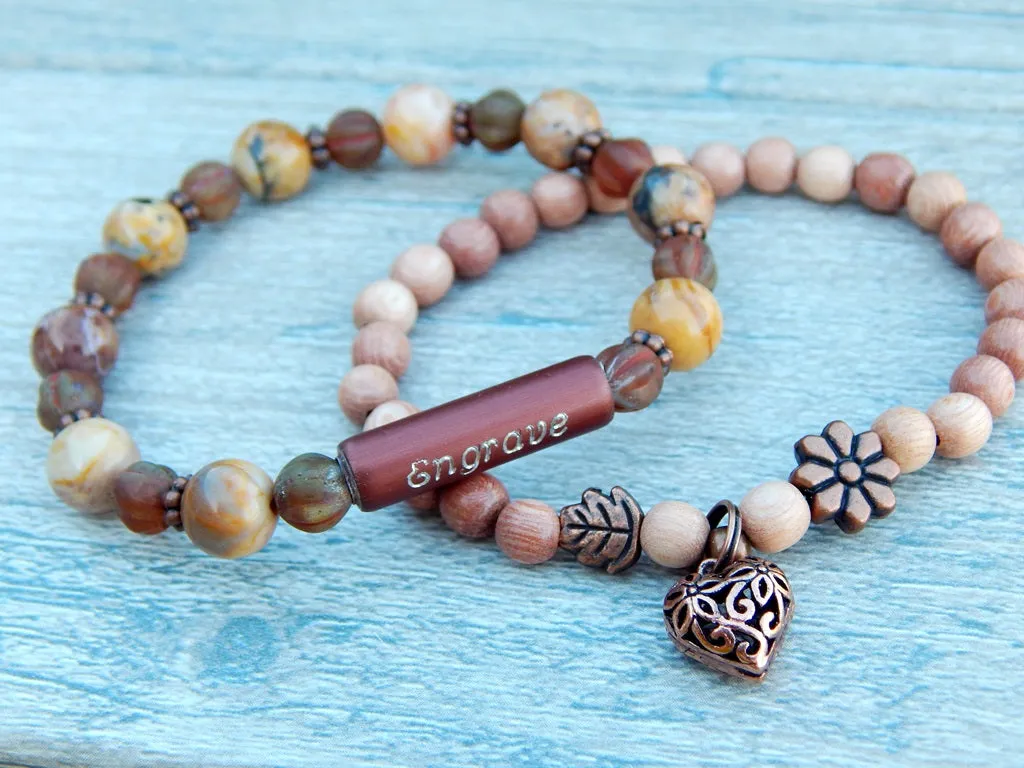 Engraved Bracelet - Nature Jewelry with Rosewood and Beads