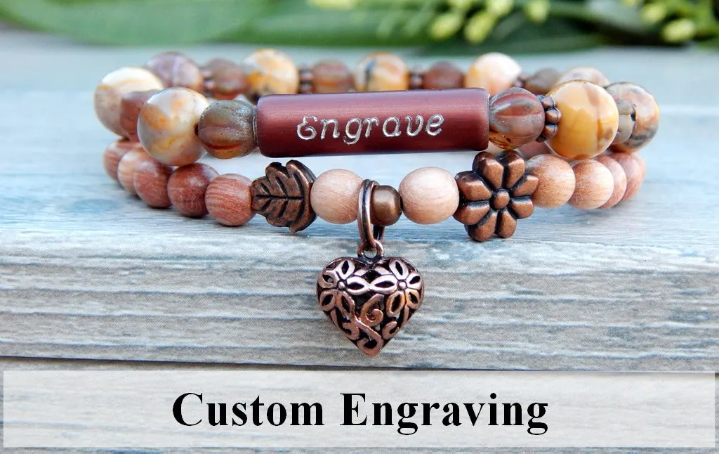 Engraved Bracelet - Nature Jewelry with Rosewood and Beads