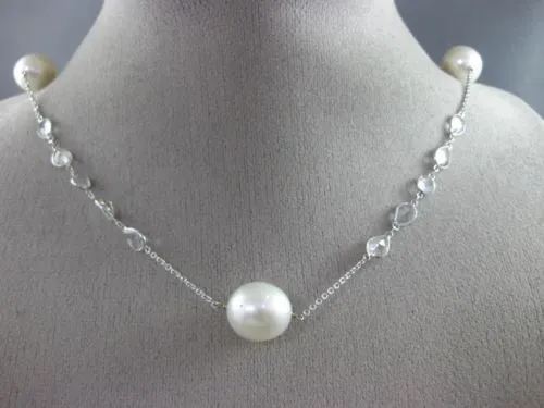 ESTATE LARGE & LONG AAA WHITE TOPAZ SOUTH SEA PEARL 14K WHITE GOLD 3D NECKLACE