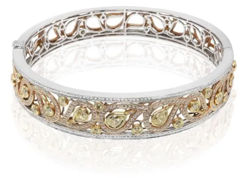 ESTATE WIDE 2.98CT WHITE & YELLOW DIAMOND 18KT TRI COLOR GOLD 3D BANGLE BRACELET