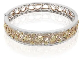 ESTATE WIDE 2.98CT WHITE & YELLOW DIAMOND 18KT TRI COLOR GOLD 3D BANGLE BRACELET