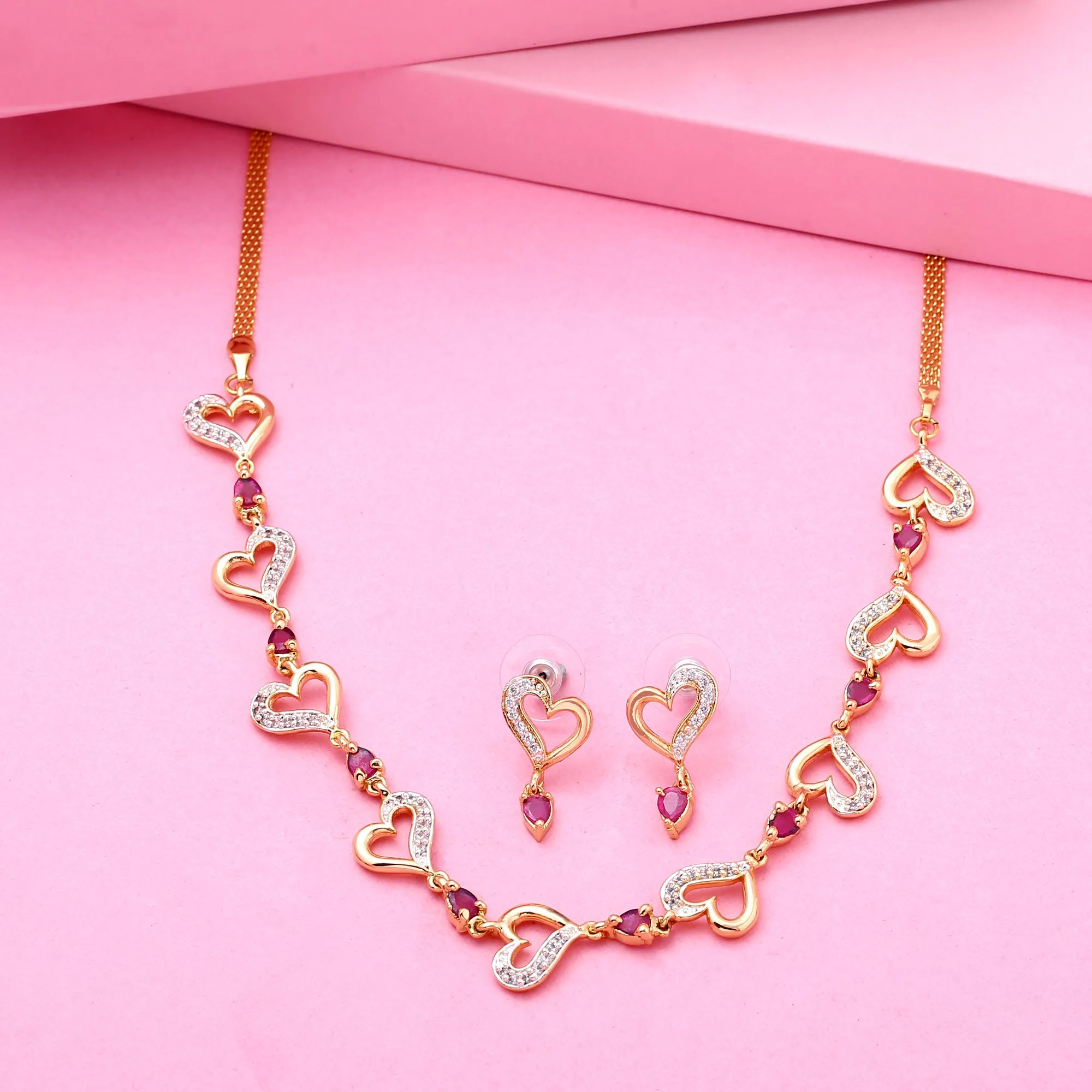 Estele Gold & Rhodium Plated CZ Sparkling Heart Designer Necklace Set for Women