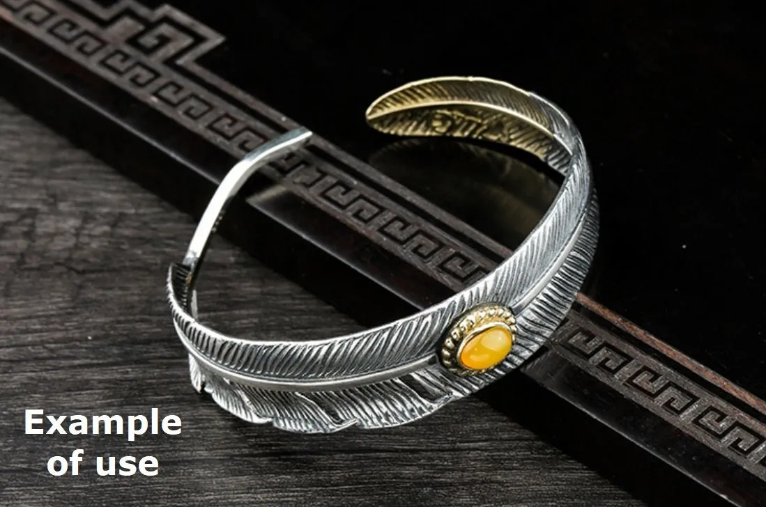 Ethnic Feather Oval Mount Bracelet Setting Sterling Silver Fine 925 6x8mm For One Stone Gemstone Adjustable No Prongs DIY Jewelry Wholesale