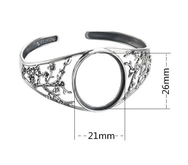 Ethnic Flower Branch Oval Mount Bracelet No Prongs Setting Sterling Silver Fine 925 26x21mm For One Stone Adjustable DIY Jewelry Wholesale