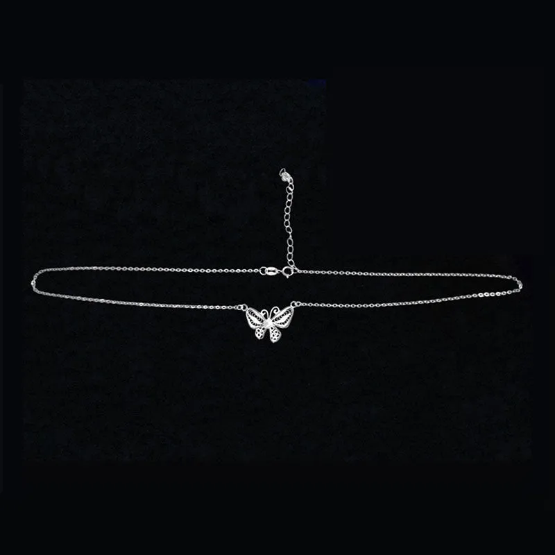 Exquisite Plain Silver Filigree Butterfly Necklace Inlaid with Natural Freshwater Pearls