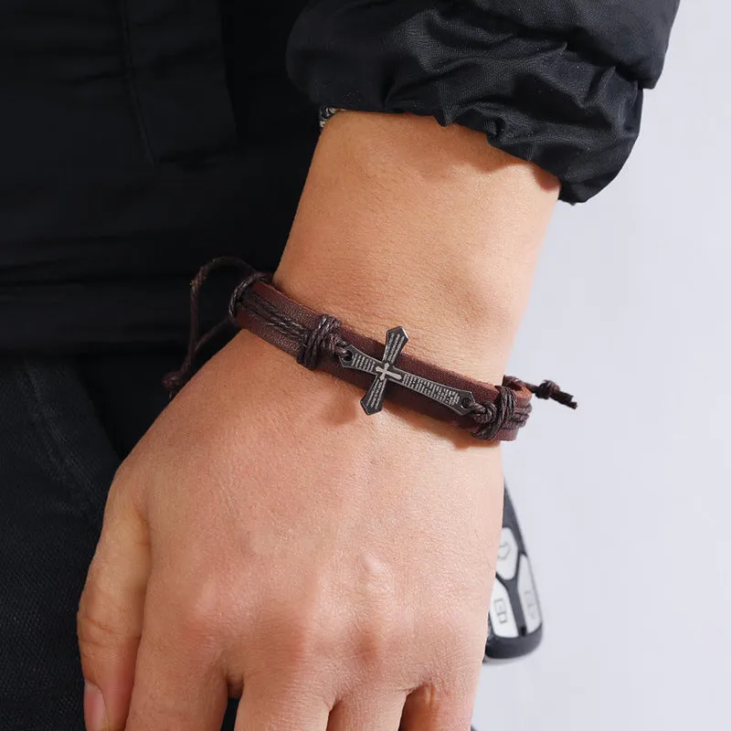 Fashion and Trendy Accessories Personality Handmade Braided Leather Bracelet Simple Pull Adjustable Vintage Leather Bracelet