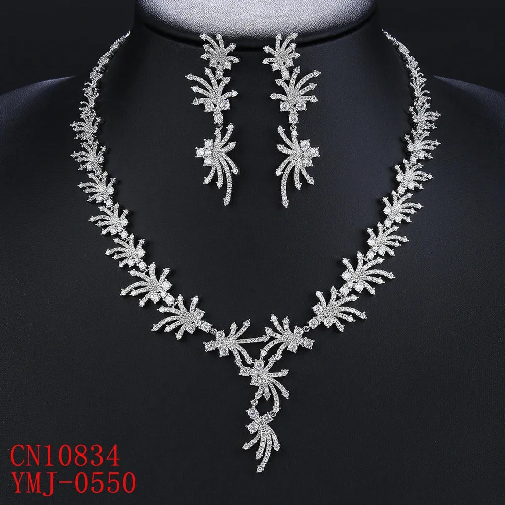 Fashion Design Fireworks Shape AAA Cubic Zirconia Necklace Earrings Jewelry Sets Women Wedding Accessories Gifts CN10834