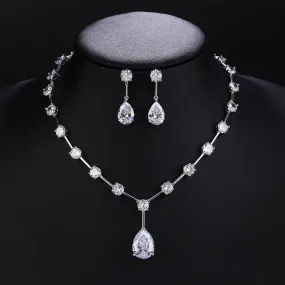 Fashion Simple Crystal Cubic Zirconia Water Drop Necklace Earrings Set Women Jewelry Bridal Wedding Accessories CN10505