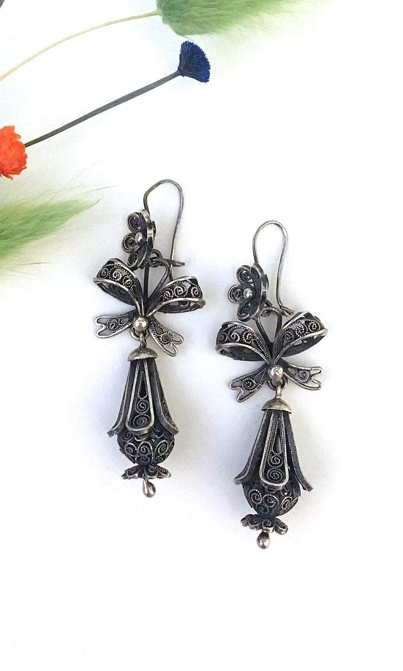 FEDERICO JIMENEZ Mexican Iguala Style Filigree Tiered Silver Earrings