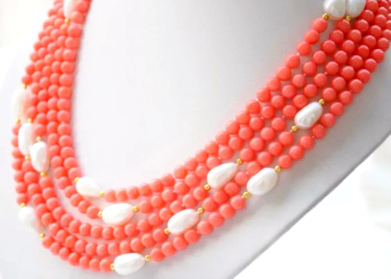 Five-Strand Pink Coral & Baroque Pearl Statement Necklace 18" - 21"