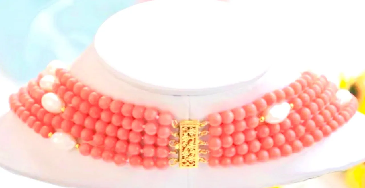 Five-Strand Pink Coral & Baroque Pearl Statement Necklace 18" - 21"