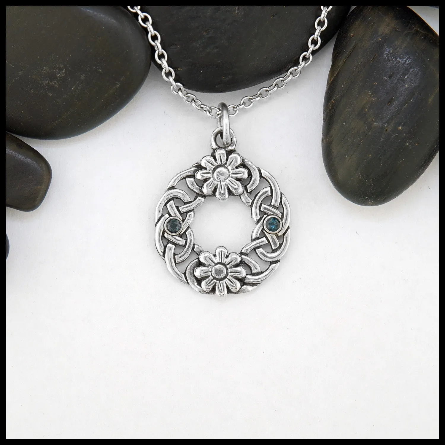 Floral Celtic Wreath Pendant with Blue Topaz