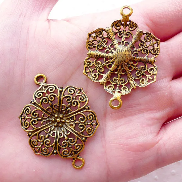 Floral Lace Charm Filigree Connector Flower Link (3pcs / 28mm x 40mm / Antique Gold) Bracelet Bookmark Earrings Handbag Charm Making CHM2115