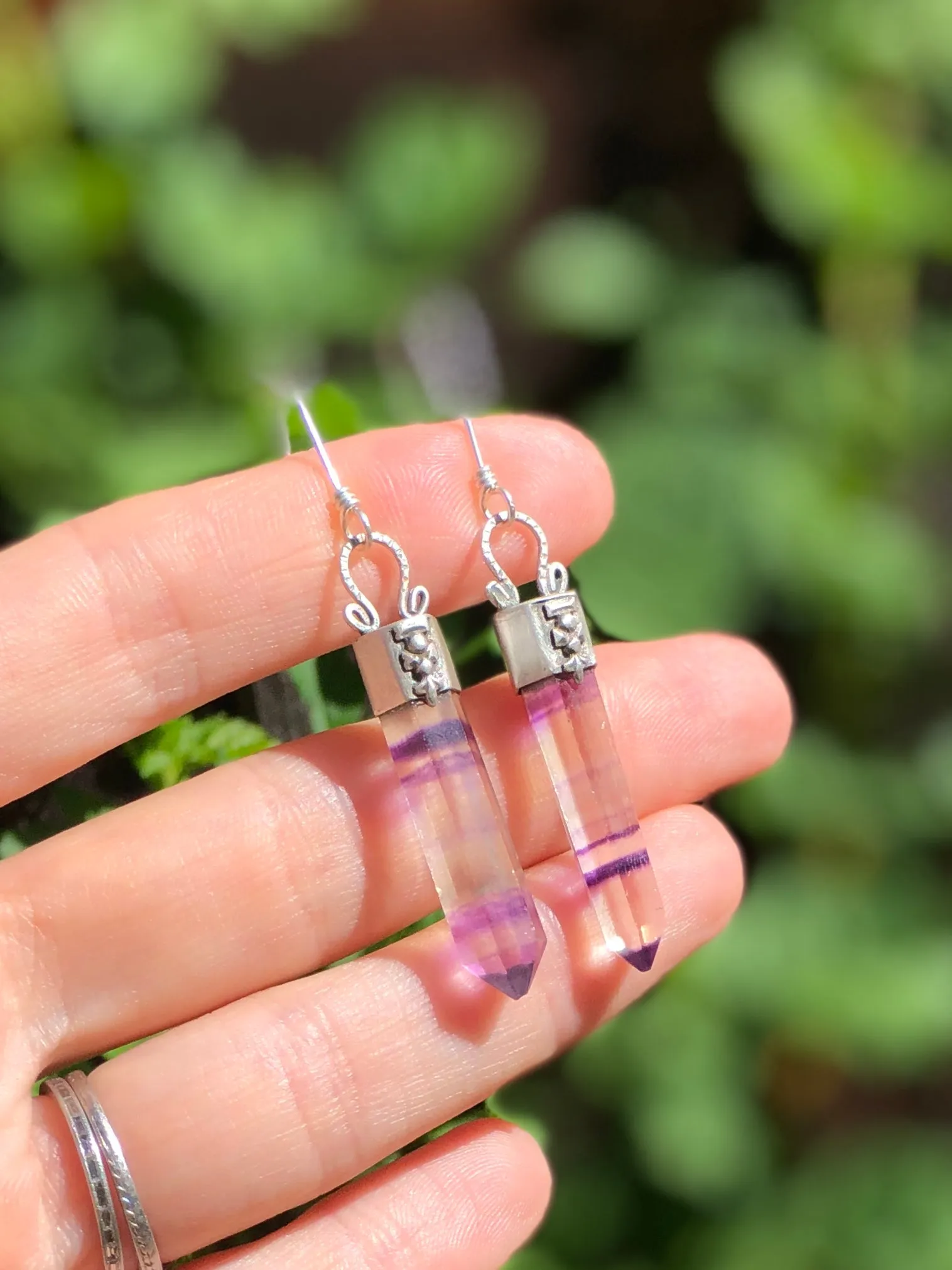 Fluorite Crystal Point Drop Earrings