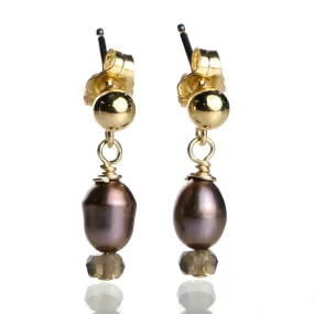 Fresh Water Pearl and Smokey Quartz with Gold Plated Ball Post Earrings