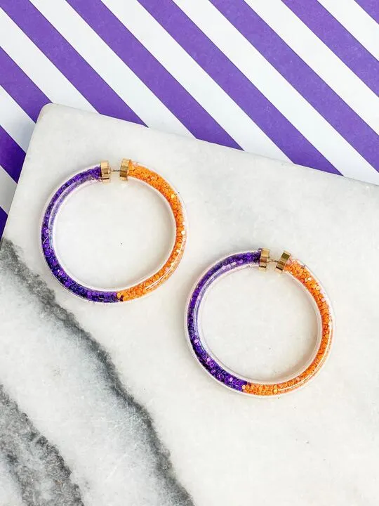 Game Day Jelly Tube Hoop Earrings - Purple & Orange