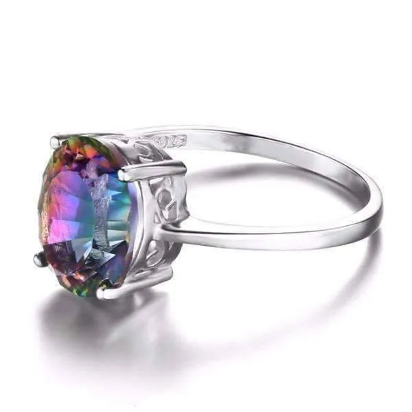 Genuine Rainbow Fire Mystic Topaz Oval Cut 3.4CT IOBI Precious Gems 925 Sterling Silver Ring