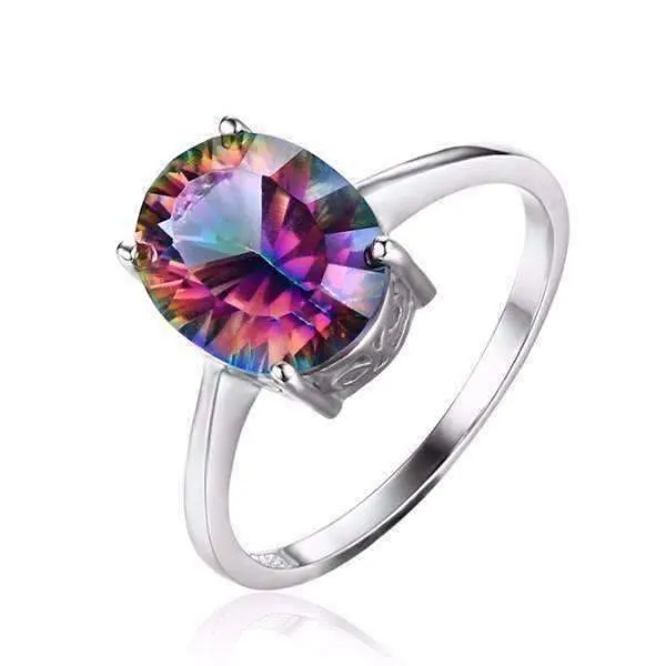 Genuine Rainbow Fire Mystic Topaz Oval Cut 3.4CT IOBI Precious Gems 925 Sterling Silver Ring