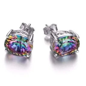 Genuine Rainbow Fire Mystic Topaz Oval Cut 5CTW IOBI Precious Gems Stud 925 Sterling Silver Earrings