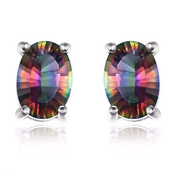 Genuine Rainbow Fire Mystic Topaz Oval Cut 5CTW IOBI Precious Gems Stud 925 Sterling Silver Earrings