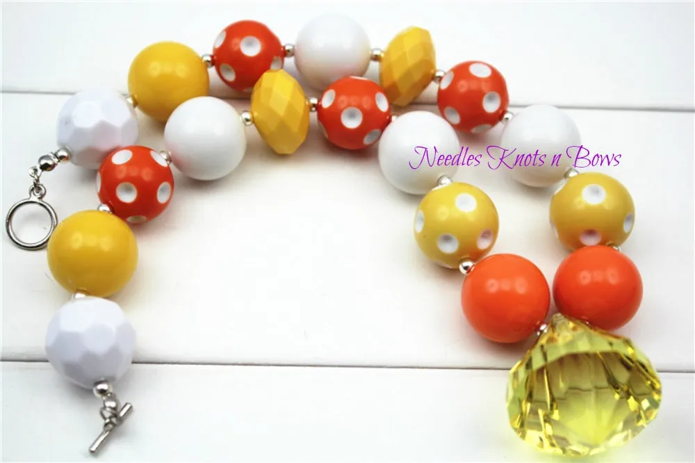 Girls Sunshine Chunky Necklace, Candy Corn Chunky Bead Bubblegum Necklace, Girls Necklace