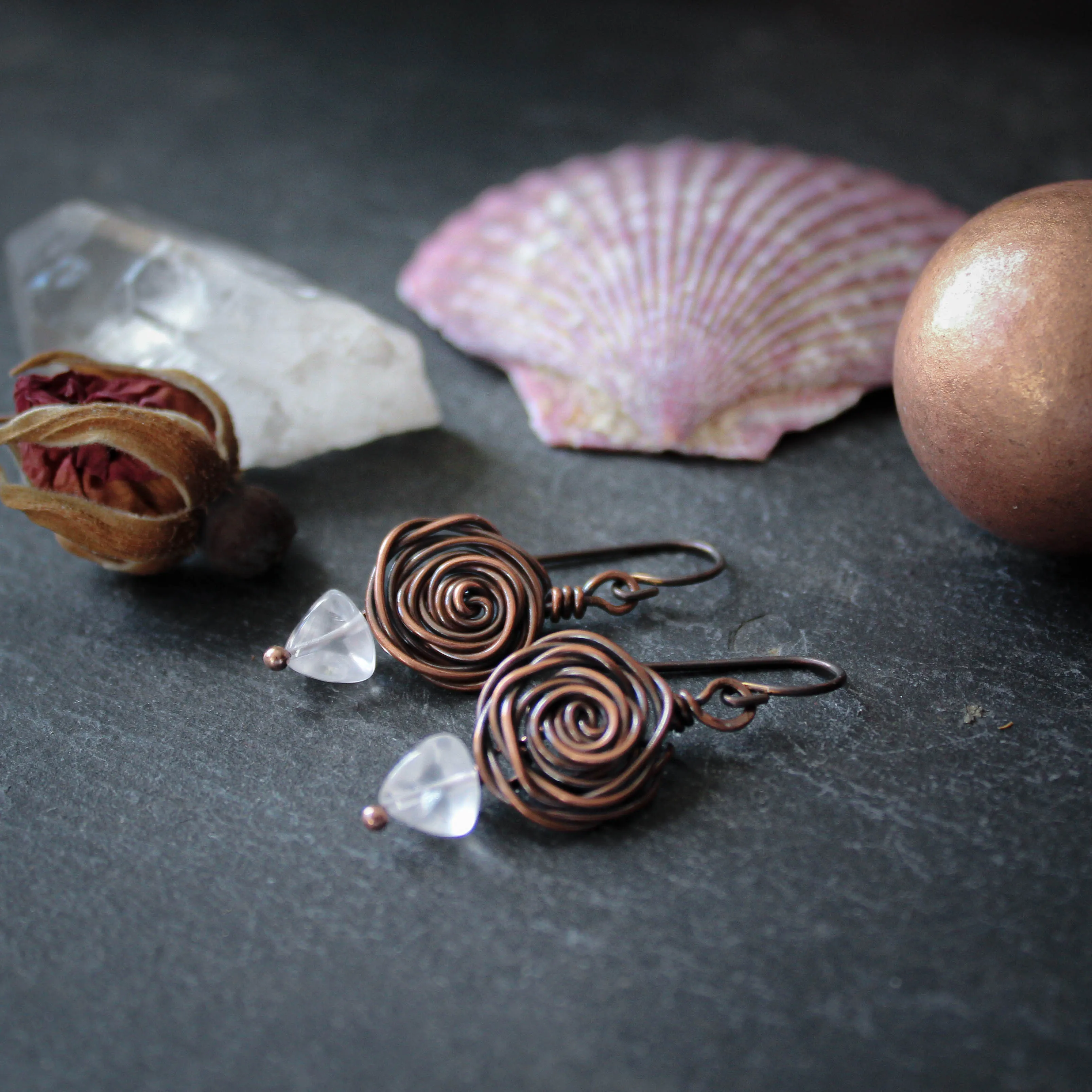 Glasgow Rose Earrings in Copper with Rose Quartz