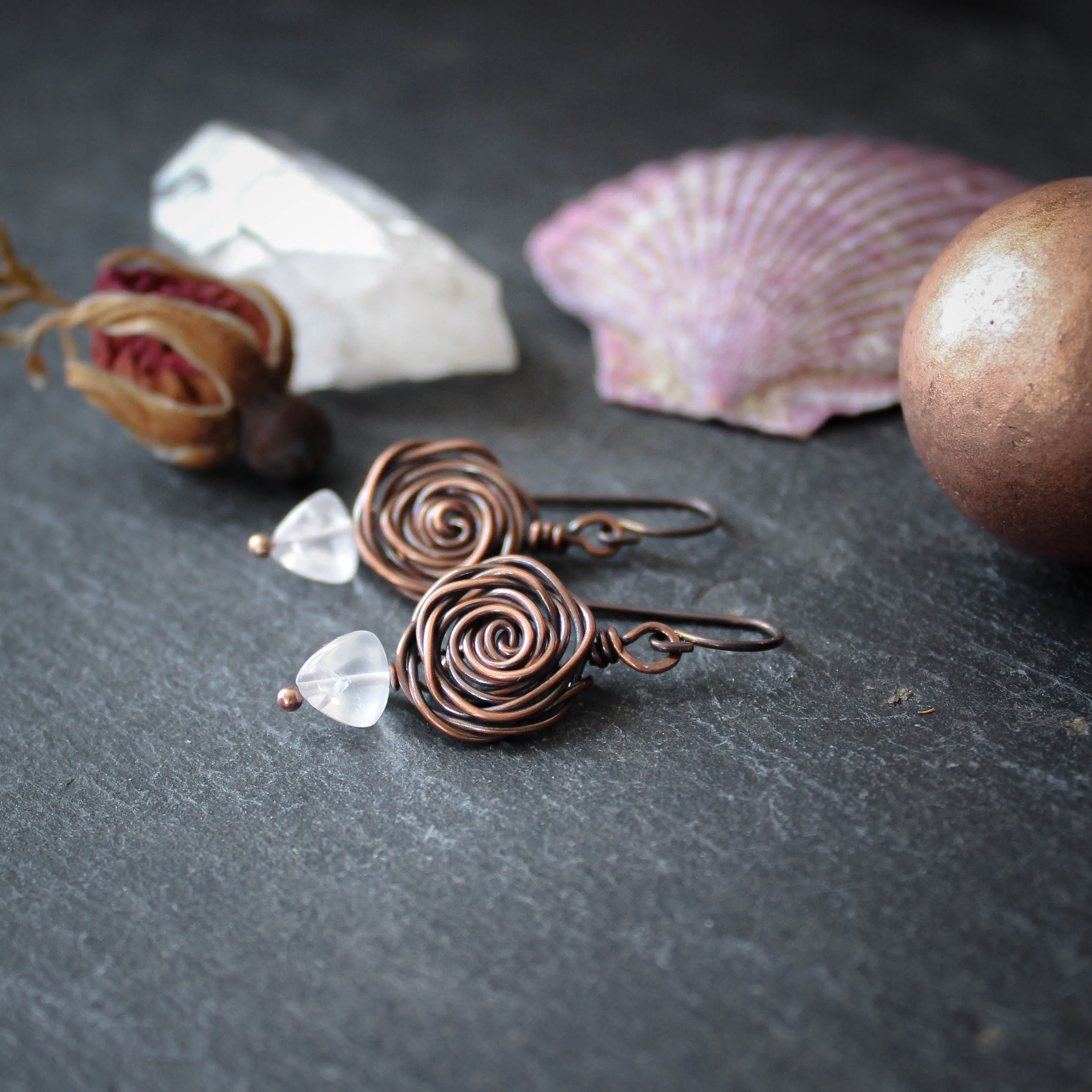 Glasgow Rose Earrings in Copper with Rose Quartz