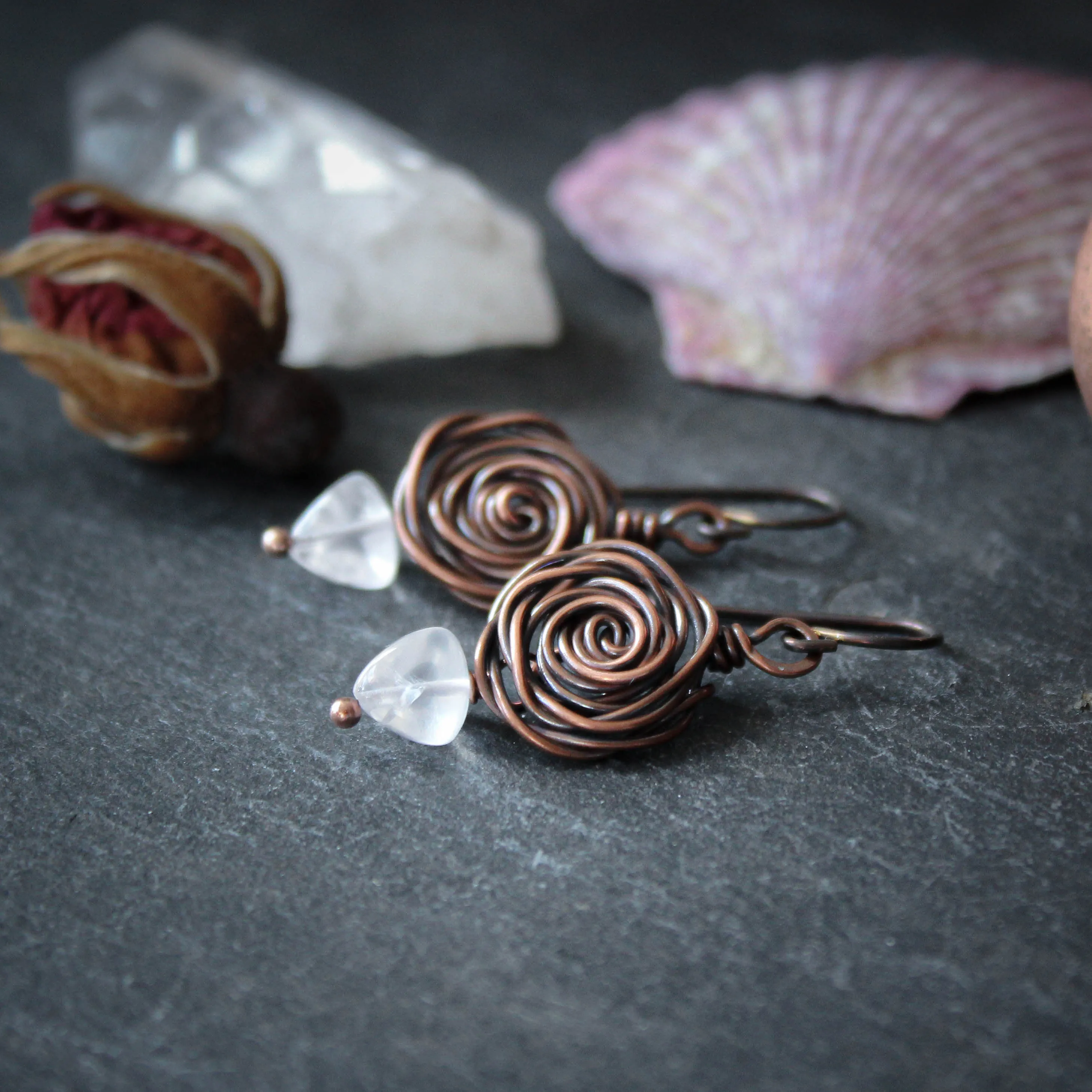 Glasgow Rose Earrings in Copper with Rose Quartz